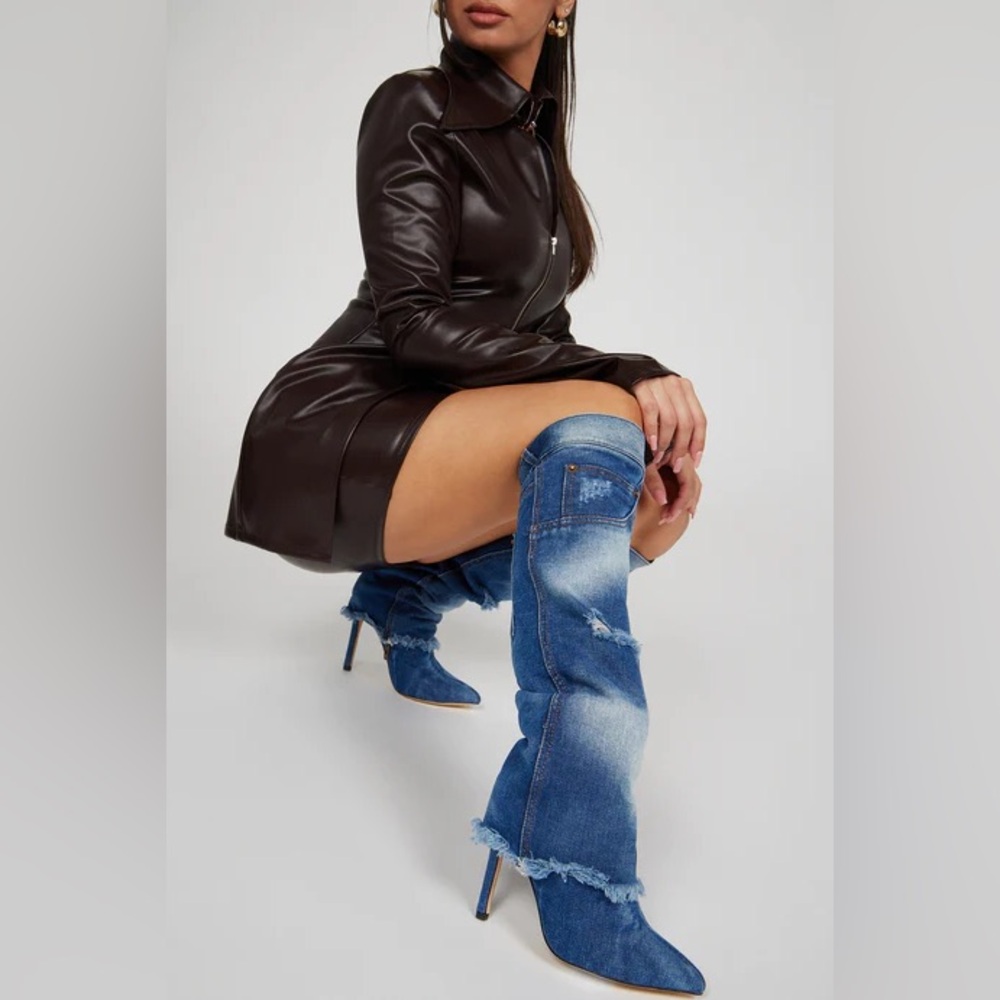 Let The Show Begin Knee High Heeled Denim Boots